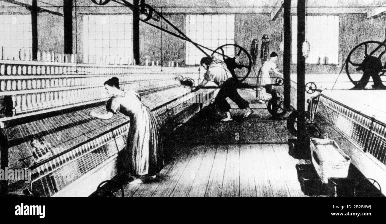 Un disegno di donne che lavorano in un mulino a filatura. Foto Stock