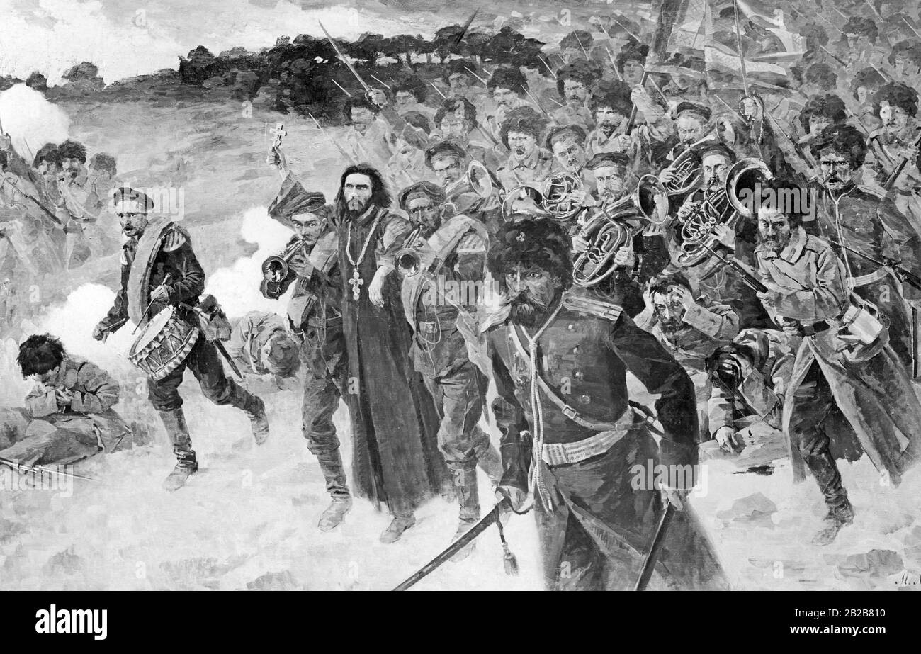 Durante la guerra russo-giapponese nell'Asia orientale: Questa foto, dopo un dipinto di M. Maymonn, mostra l'esercito russo contendente sulle alture di Tjurentsch. Foto Stock