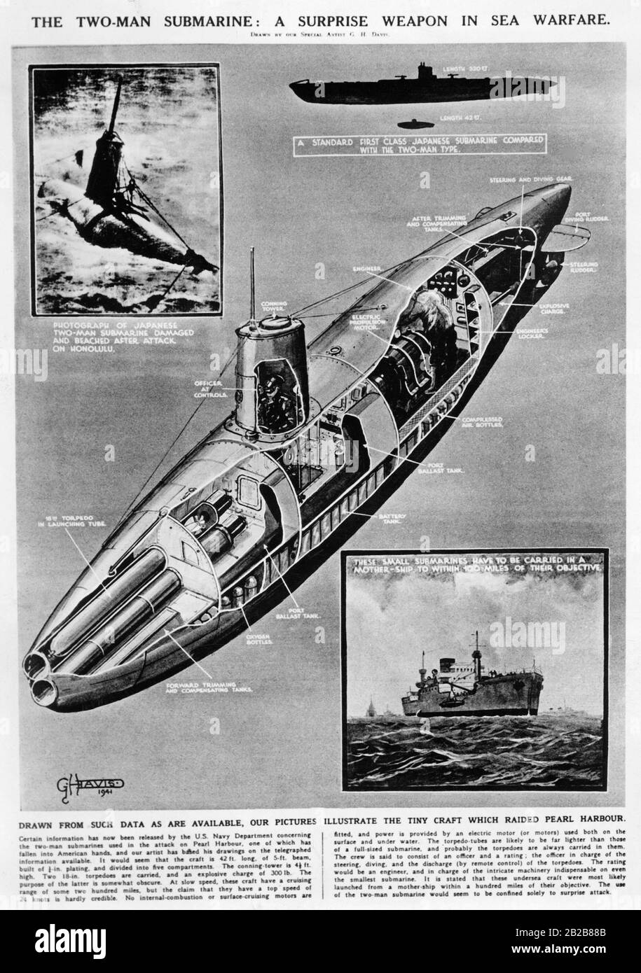 Illustrazione dettagliata di un sottomarino della Marina Imperiale Giapponese. Foto Stock