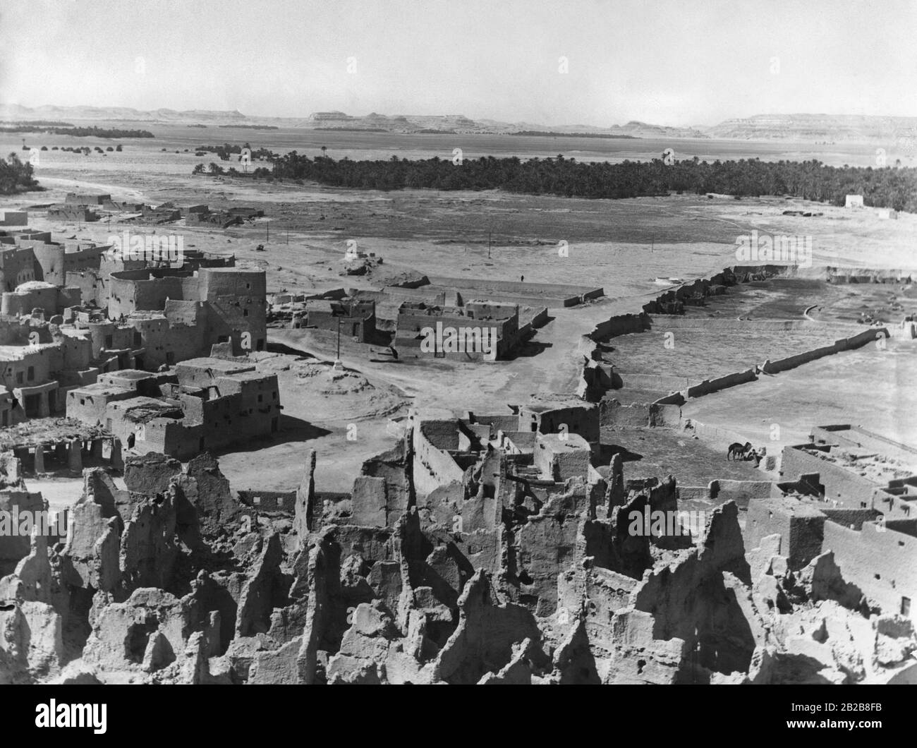 Rovine dell'oasi cittadina di Siwa nel nord-ovest dell'Egitto, dove a quel tempo vivevano poche migliaia di persone. Un castello rovinato domina la città. Foto Stock