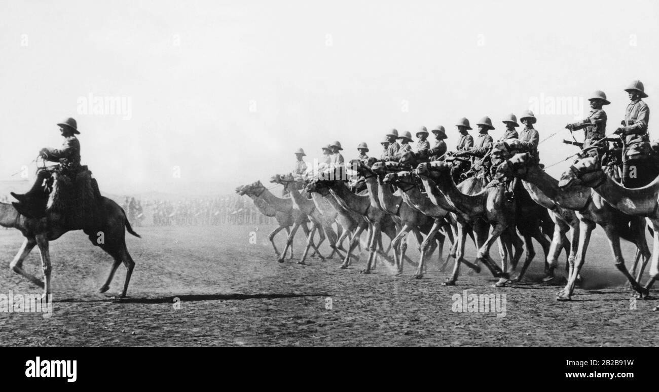 Il corpo dei Rider di Camel britannico sotto la guida di Herbert Kitchener dopo la battaglia vinta di Omdurman, vicino all'odierno Khartoum. Questa fu la battaglia decisiva per porre fine alla rivolta di Mahdi, avvenuta tra il 1881 e il 1899, diretta contro il governo anglo-egiziano nelle province sudanesi. Foto Stock