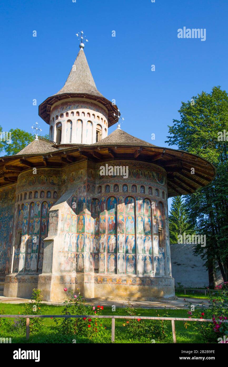 Monastero di Voronet, 1487, dipinto di monasteri, Sito Patrimonio Mondiale dell'UNESCO, Gura Humorului, Provincia di Suceava, Romania Foto Stock