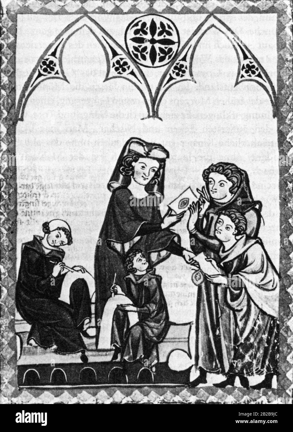 Presentazione del Codex Manesse tra il 1300 e il 1340, in cui Rudolf der Schreiber consegna un documento ai suoi due visitatori nella sua sala di scrittura. In primo piano e a sinistra sono i suoi due scribi. Foto Stock