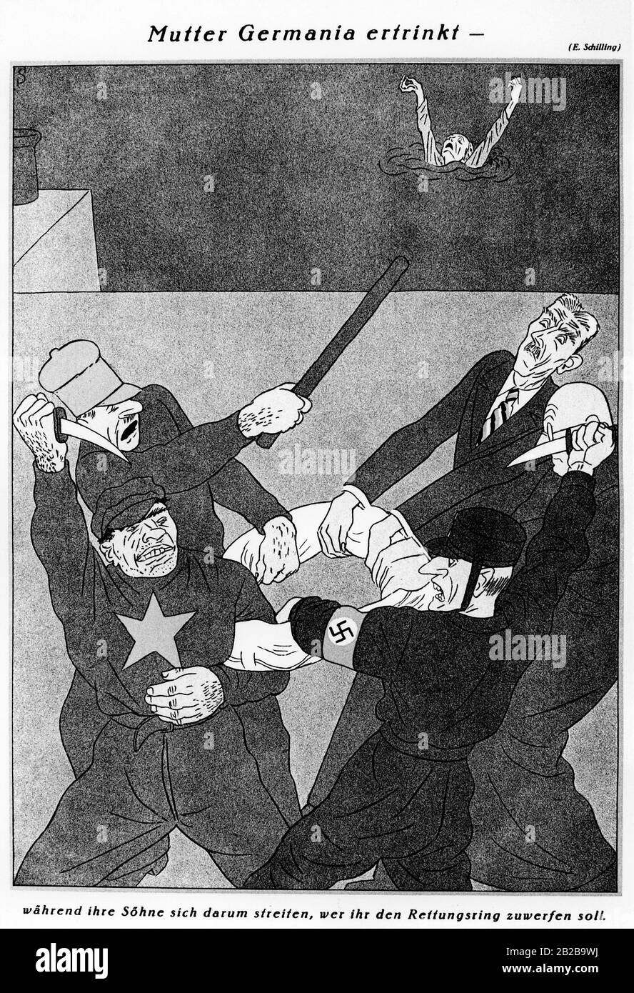 In occasione delle ultime elezioni del Reichstag della Repubblica di Weimar nel 1932, la caricatura mostra i vari partiti simbolicamente in lotta per la supremazia. Sullo sfondo, la Germania scompare come simbolo della democrazia in mare. Le ideologie di KPD, SPD e NSDAP sono un punto di contesa e decisive per il futuro della Germania. Accanto alle tre parti, Franz von Papen (di nuovo a destra) combatte anche per il potere statale. Foto Stock