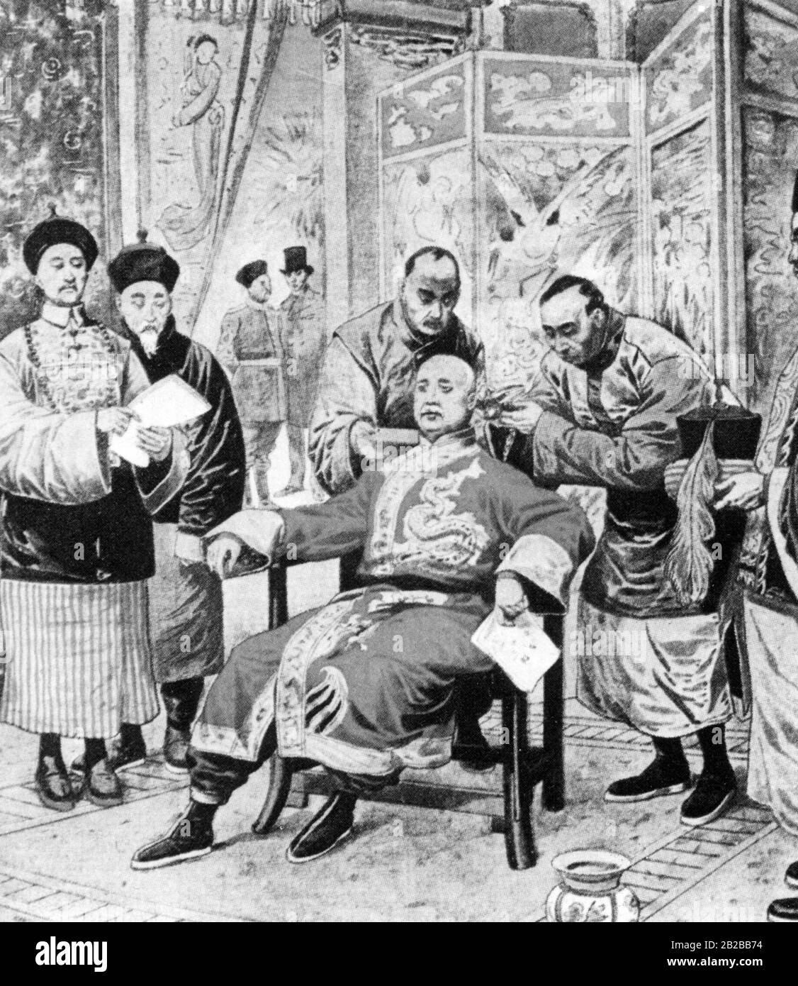 Rappresentazione del generale cinese Yuan Shikai, mentre il suo pigtail è tagliato nel corso della rivoluzione cinese, in modo da inviare un segno ai ribelli. Foto Stock