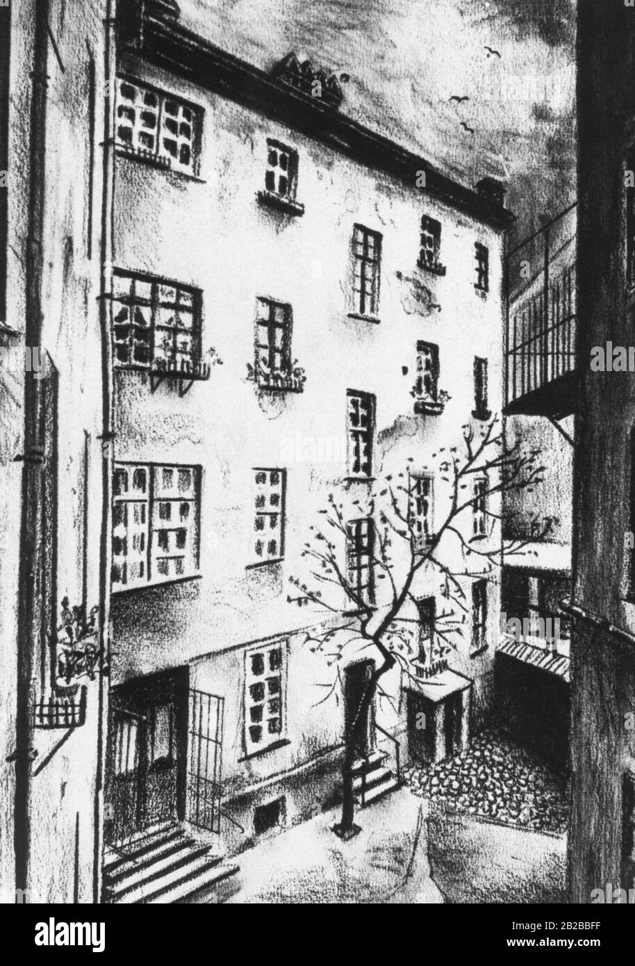 Vista della costruzione dei primi laboratori Siemens a Schoenebergerstrasse 19 a Berlino. Disegno di K. Buchart. Foto Stock