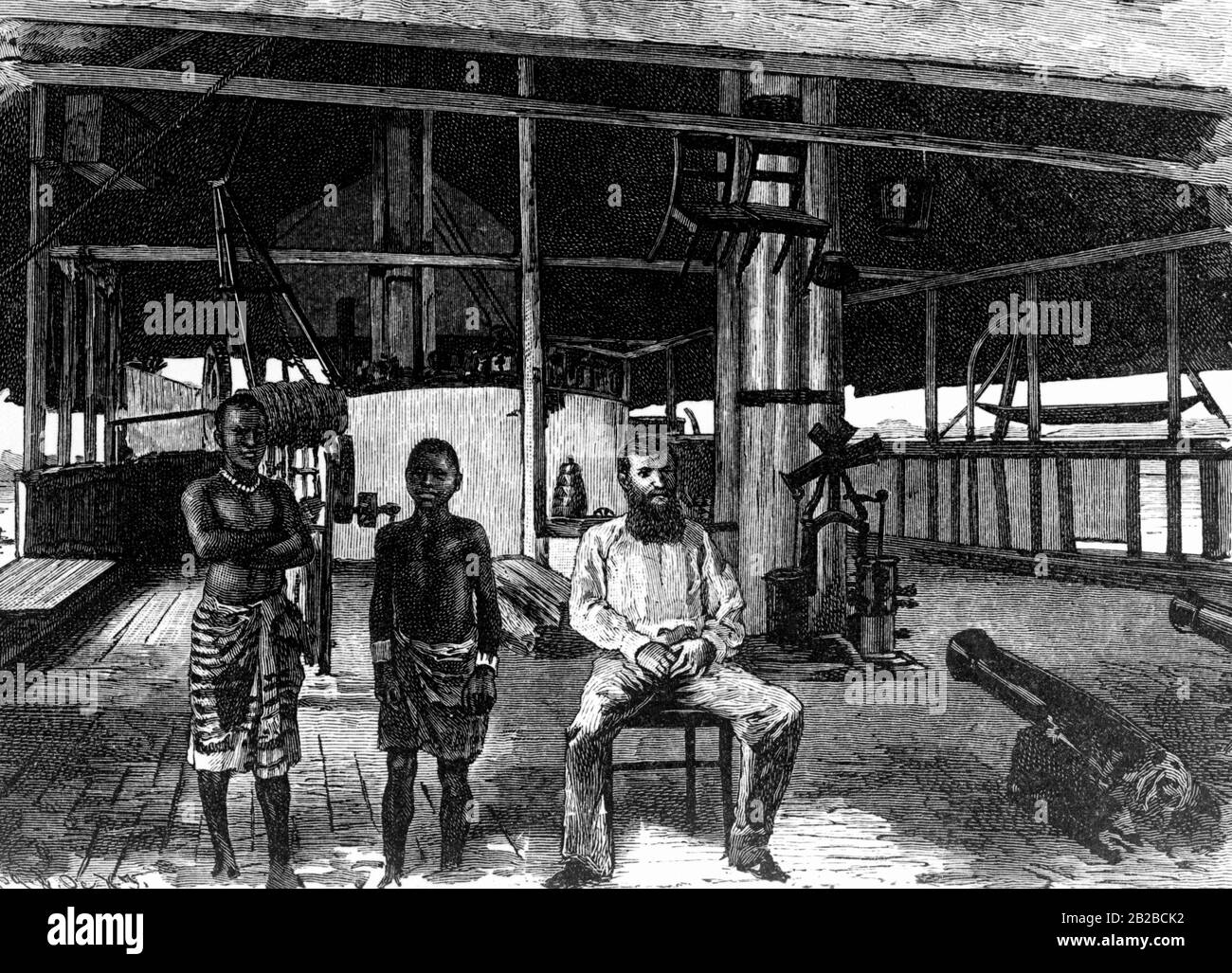 Foto della scula del Woermann del mercante d'oltremare Carl Woermann sul fiume Wouri nella colonia tedesca del Camerun. Disegno non ondulato. Foto Stock