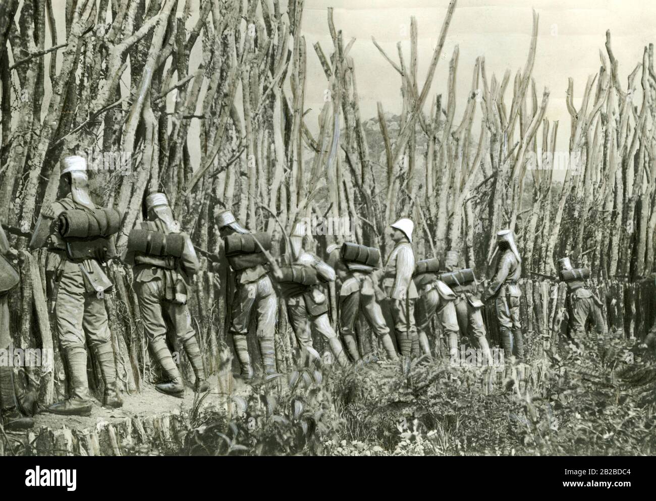 I soldati ausiliari aborigeni, gli Askaris, combattono insieme agli ufficiali tedeschi a Baumverhau nella zona di combattimento di Mahenge. Sotto l'ufficiale Paul von Lettow-Vorbeck, le truppe coloniali tedesche mantengono la loro posizione contro gli inglesi nell'Africa orientale per quattro anni. Foto Stock