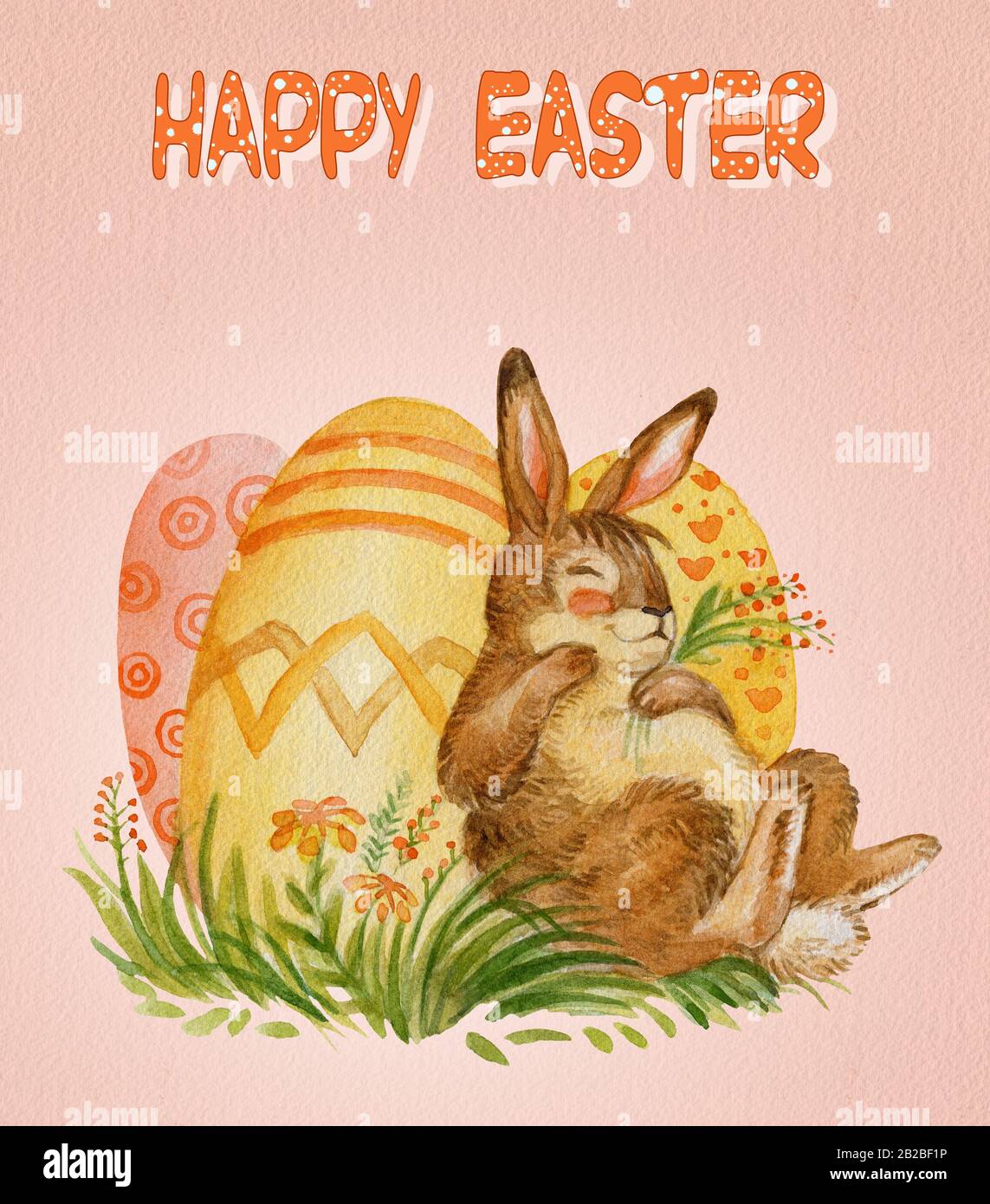 Cartolina acquerello di un coniglio scivolante con uova di pasqua ang fiori stock illustrazione. Immagine vintage dei coniglioli pasquali isolata sul pin Foto Stock