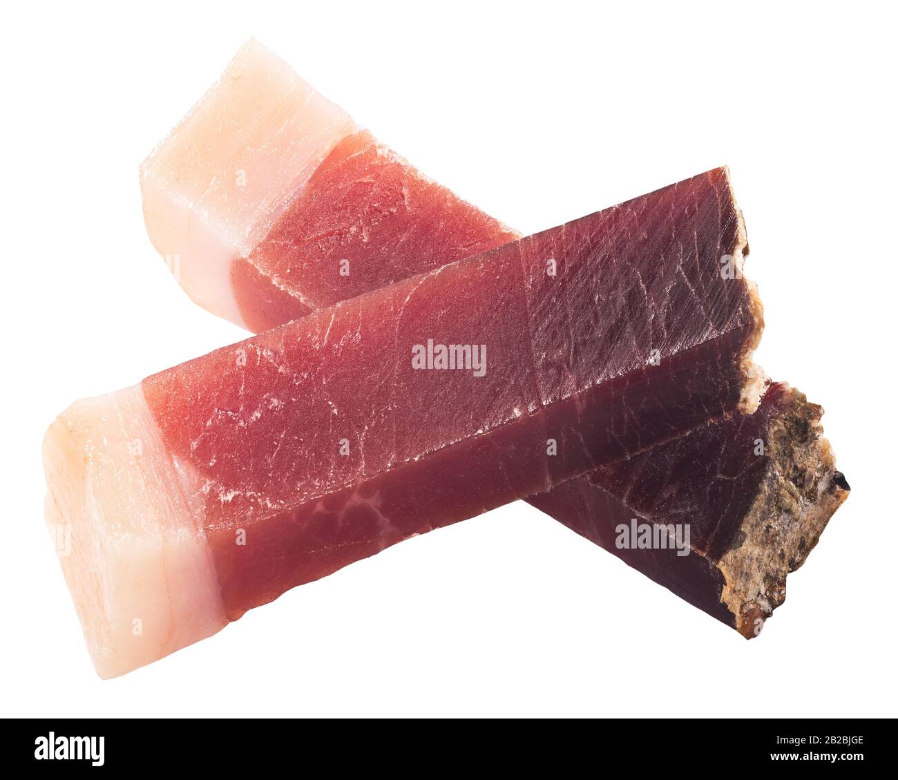 Bastoncini di Speck, una carne di maiale vulcanizzata altoatesina o prosciutto affumicato, isolati Foto Stock