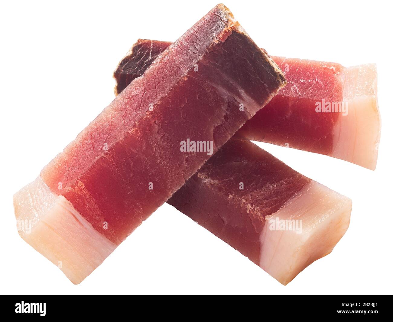 Bastoncini di Speck, una carne di maiale vulcanizzata altoatesina o prosciutto affumicato, isolati Foto Stock