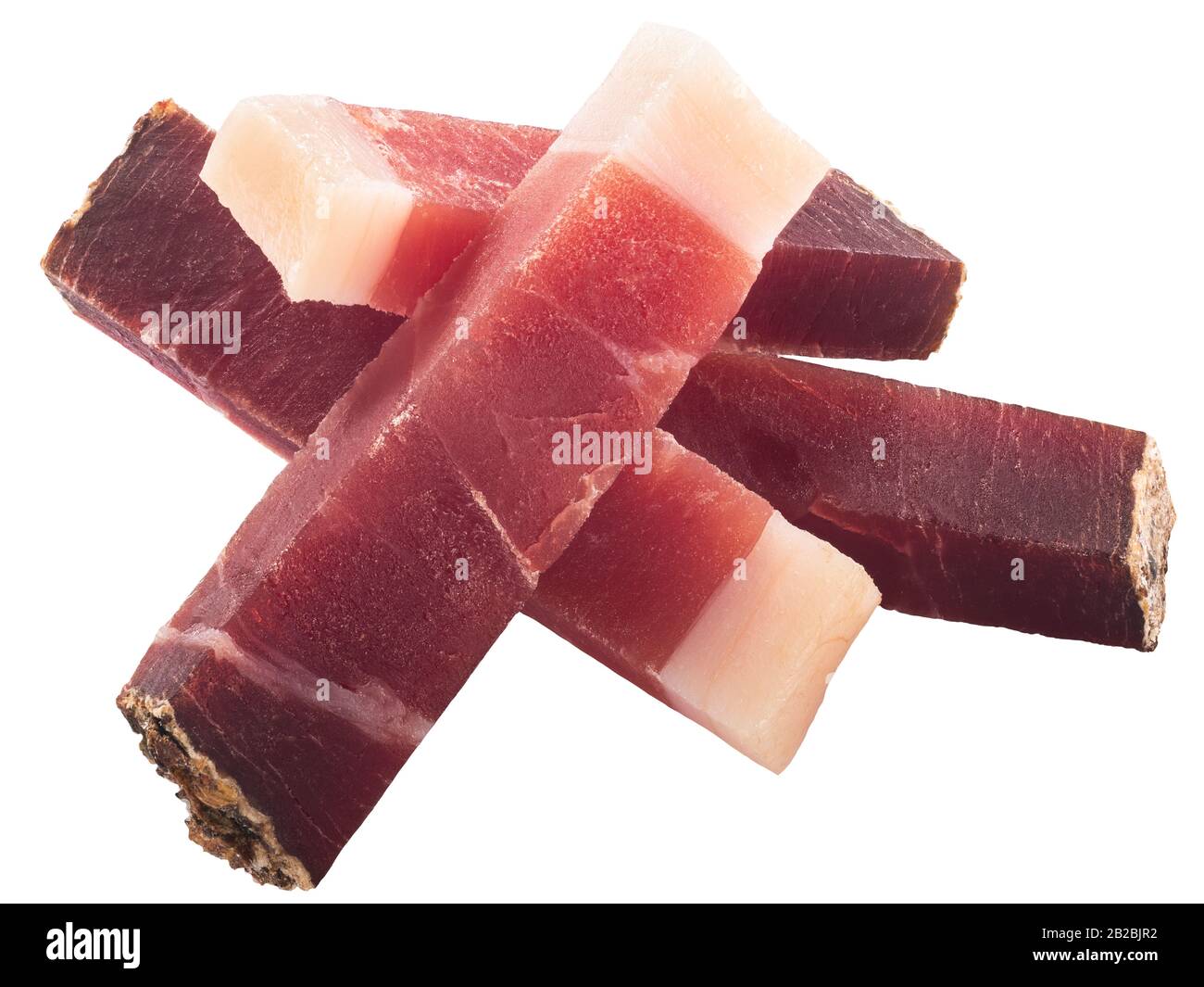 Bastoncini di Speck, una carne di maiale vulcanizzata altoatesina o prosciutto affumicato, isolati Foto Stock