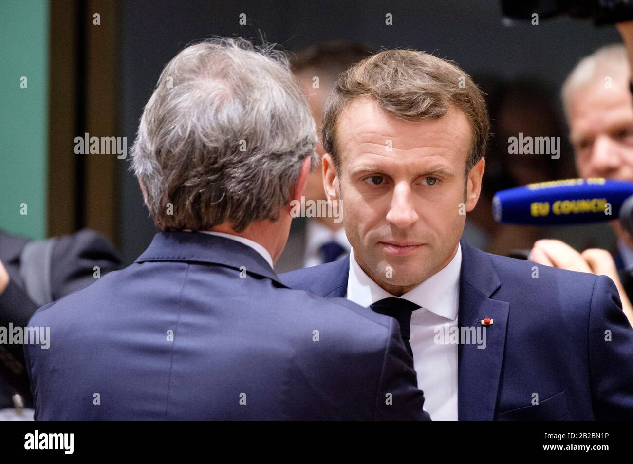 Belgio, Bruxelles, 17 ottobre 2019: Il presidente francese Emmanuel Macron partecipa al vertice europeo il 17 e 18 ottobre 2019. Il Consiglio Europeo Foto Stock
