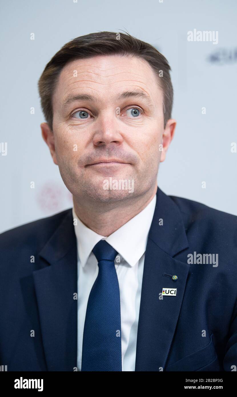 Berlino, Germania. 01st Mar, 2020. Ciclismo/pista: Campionati del mondo, conferenza stampa UCI: David Lappartient, Presidente dell'Unione Internazionale della bicicletta (Union Cycliste Internationale - UCI), partecipa a una conferenza stampa. Credito: Sebastian Gollnow/Dpa/Alamy Live News Foto Stock