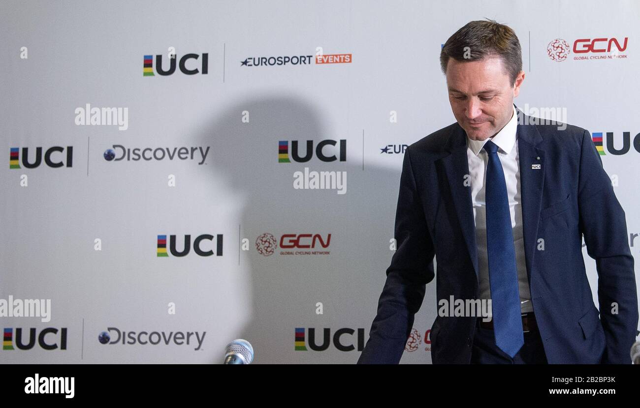 Berlino, Germania. 01st Mar, 2020. Ciclismo/pista: Campionati del mondo, conferenza stampa UCI: David Lappartient, Presidente dell'Unione Internazionale della bicicletta (Union Cycliste Internationale - UCI), viene a una conferenza stampa. Credito: Sebastian Gollnow/Dpa/Alamy Live News Foto Stock