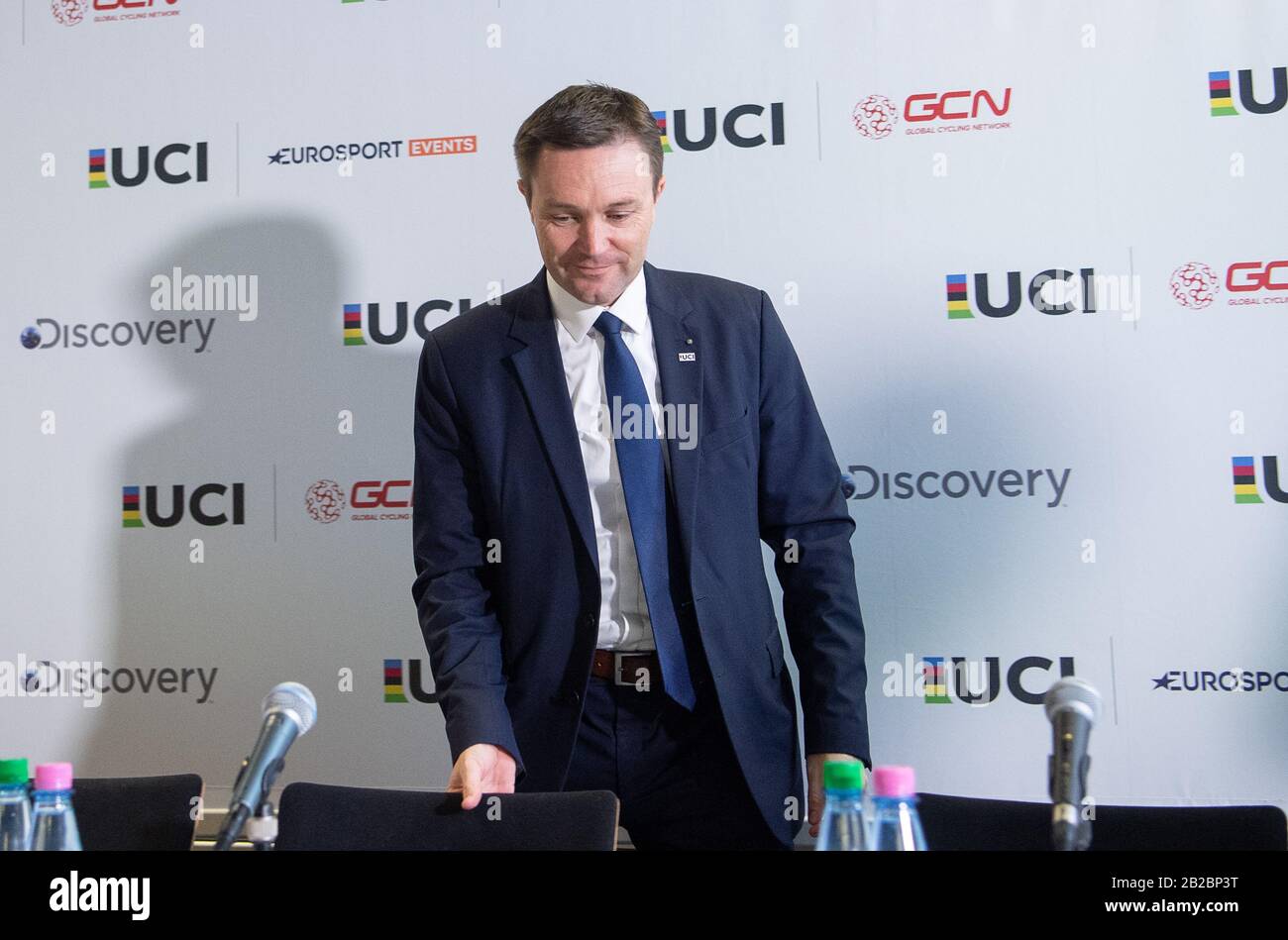 Berlino, Germania. 01st Mar, 2020. Ciclismo/pista: Campionati del mondo, conferenza stampa UCI: David Lappartient, Presidente dell'Unione Internazionale della bicicletta (Union Cycliste Internationale - UCI), viene a una conferenza stampa. Credito: Sebastian Gollnow/Dpa/Alamy Live News Foto Stock