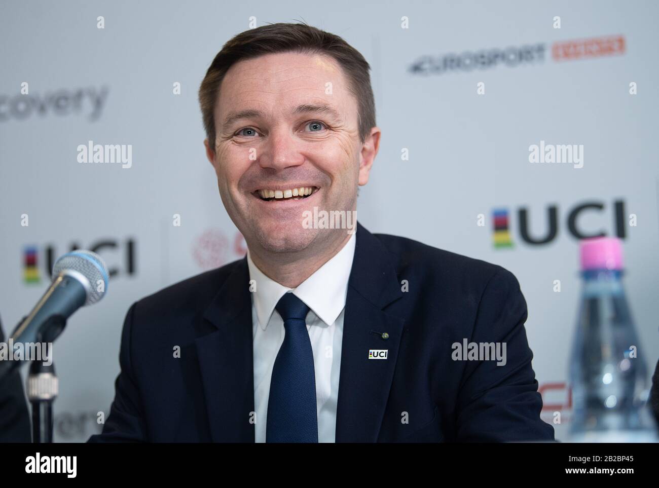 Berlino, Germania. 01st Mar, 2020. Ciclismo/pista: Campionati del mondo, conferenza stampa UCI: David Lappartient, Presidente dell'Unione Internazionale della bicicletta (Union Cycliste Internationale - UCI), partecipa a una conferenza stampa. Credito: Sebastian Gollnow/Dpa/Alamy Live News Foto Stock