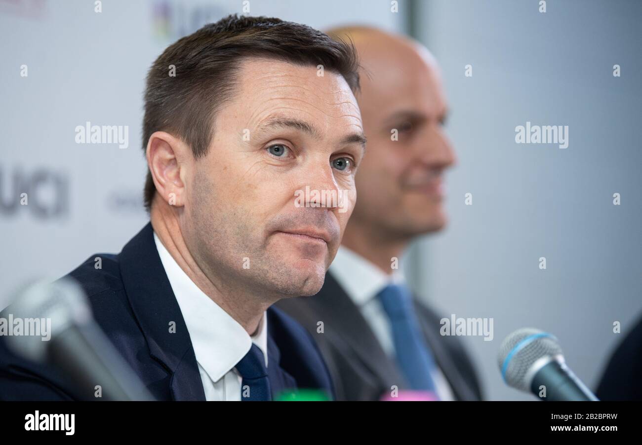 Berlino, Germania. 01st Mar, 2020. Ciclismo/pista: Campionati del mondo, conferenza stampa UCI: David Lappartient, Presidente dell'Unione Internazionale della bicicletta (Union Cycliste Internationale - UCI), partecipa a una conferenza stampa. Credito: Sebastian Gollnow/Dpa/Alamy Live News Foto Stock