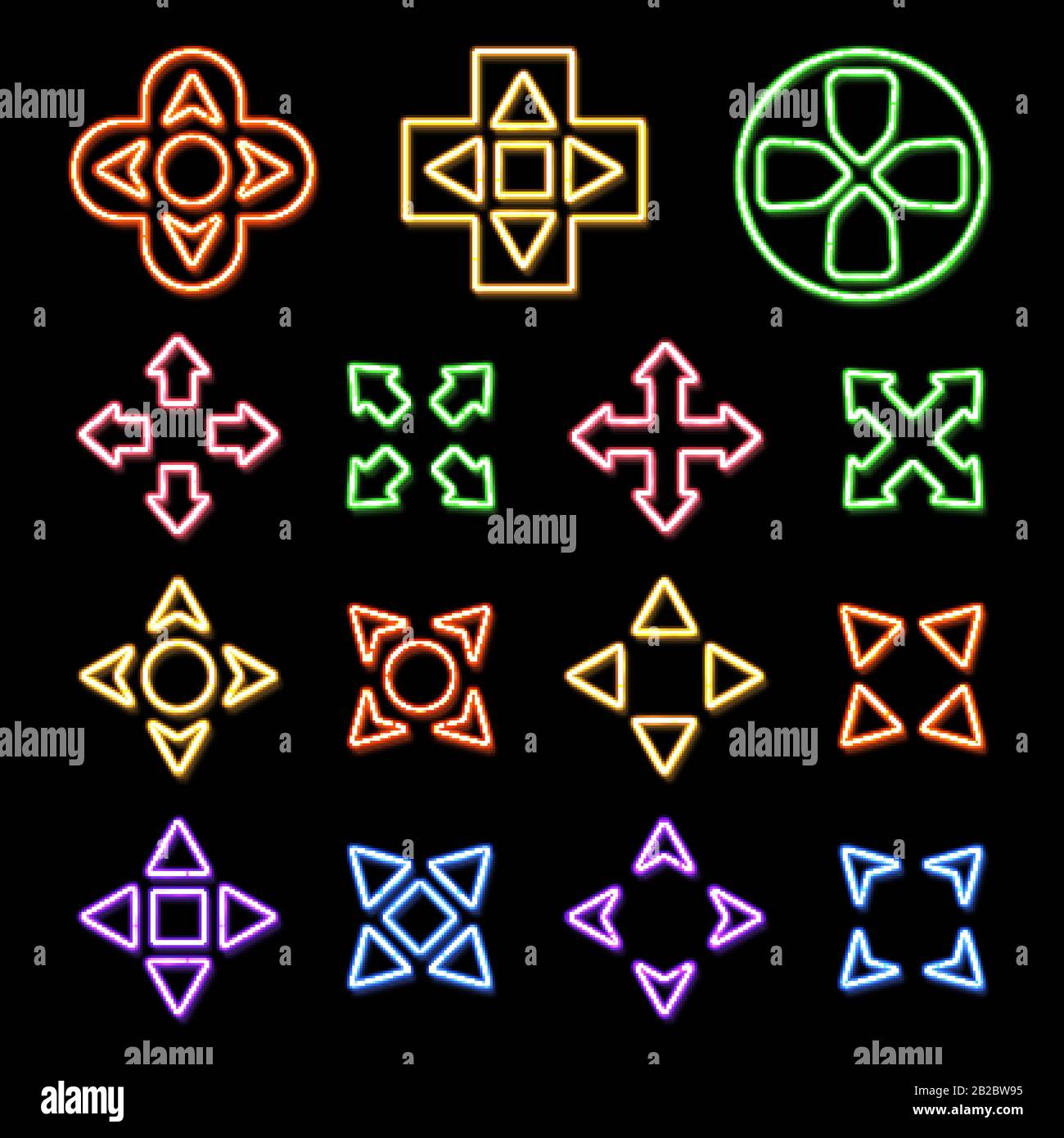 Icone di gioco a colori neon su sfondo nero. Struttura dell'elemento cursore a freccia. Stile di gioco al neon retro 80s. Chiave centralina con direzione trasversale ma Illustrazione Vettoriale