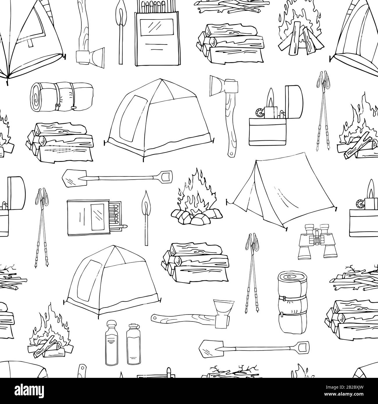 Modello vettoriale senza giunture disegnato a mano con elementi neri isolati su bianco. Texture infinita. Tenda turistica escursionistica e campeggio, falò, legna da ardere, ascia Illustrazione Vettoriale