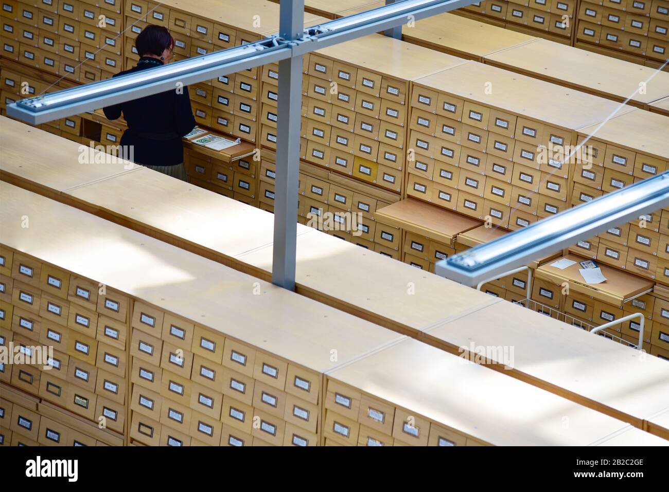 Bibliotecario tra armadi in legno con un archivio nella biblioteca. Foto Stock