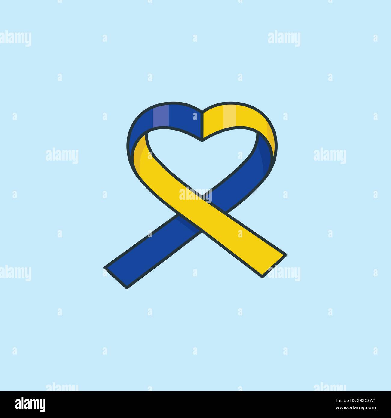 Illustrazione del vettore del nastro blu e giallo di forma cardiaca per il giorno della sindrome Di Down il marzo 21st. Simbolo di consapevolezza del disturbo genetico. Illustrazione Vettoriale