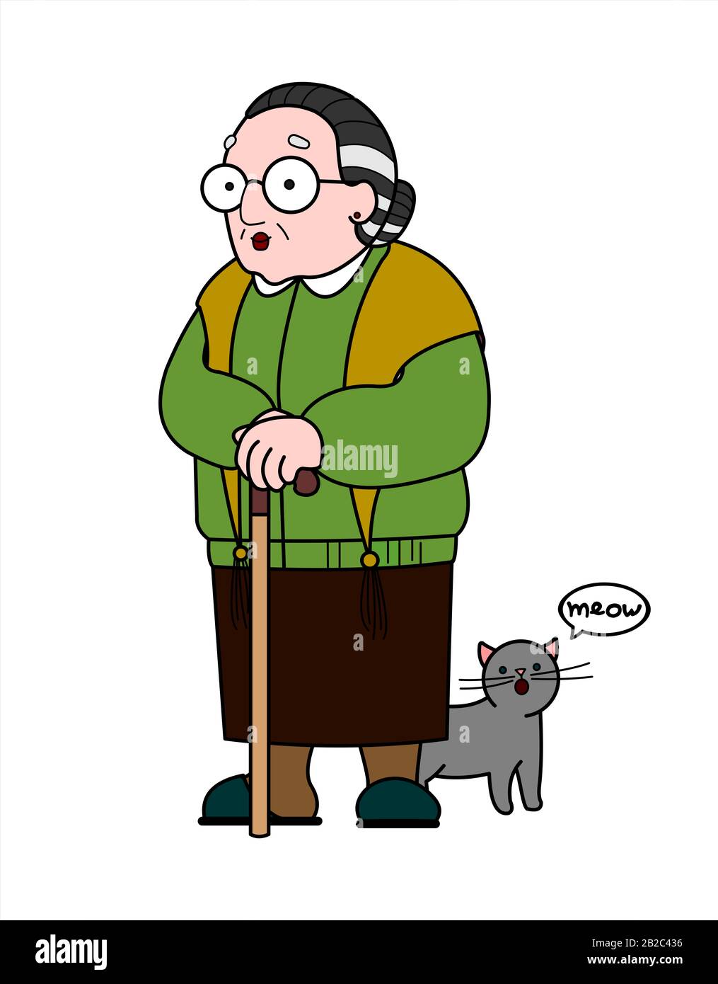 Vettore vecchia donna in un scialle con occhiali e con una canna. Buona vecchia nonna con un gatto grigio carino. Donna anziana, concetto senile. Babushka. I Foto Stock