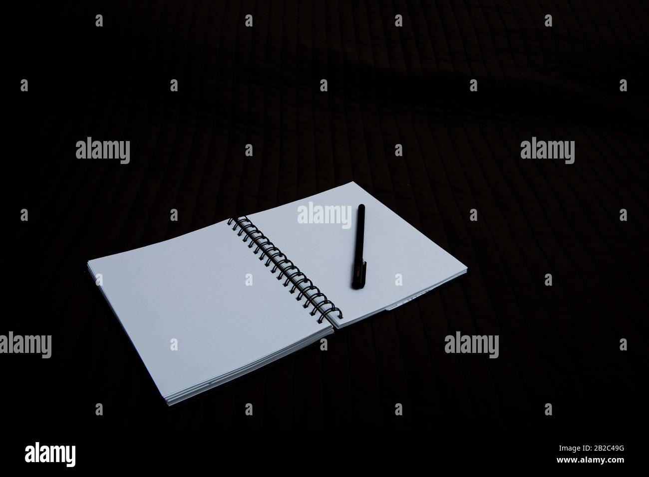aprire il notebook per puntare con una penna su uno sfondo scuro Foto Stock