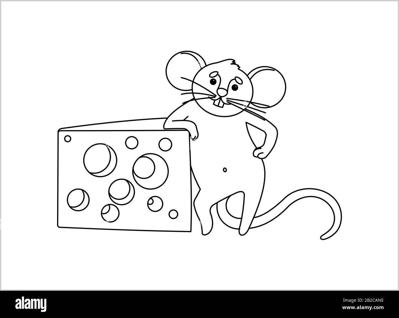 Mouse Con Formaggio. Il Mouse Impudent Si Trova Sulle Gambe Hind, Poggia Su Un Pezzo Di Formaggio Con Fori. Per Il Libro Da Colorare Per Bambini. Vettore Di Contorno Ima Illustrazione Vettoriale