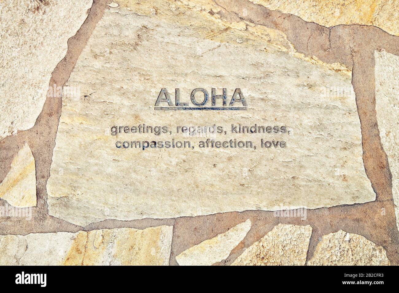 Spiegazione della parola Aloha sul lato hawaiano a Waikiki/Honolulu (Oahu) Foto Stock
