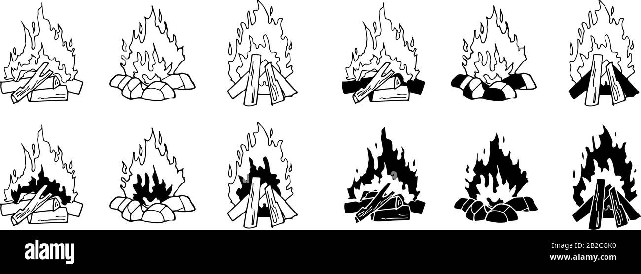 Serie di illustrazioni vettoriali monocromatiche isolate su sfondo bianco. Falò a fuoco bianco e nero. Contorno e sagome. Avventura all'aria aperta Illustrazione Vettoriale