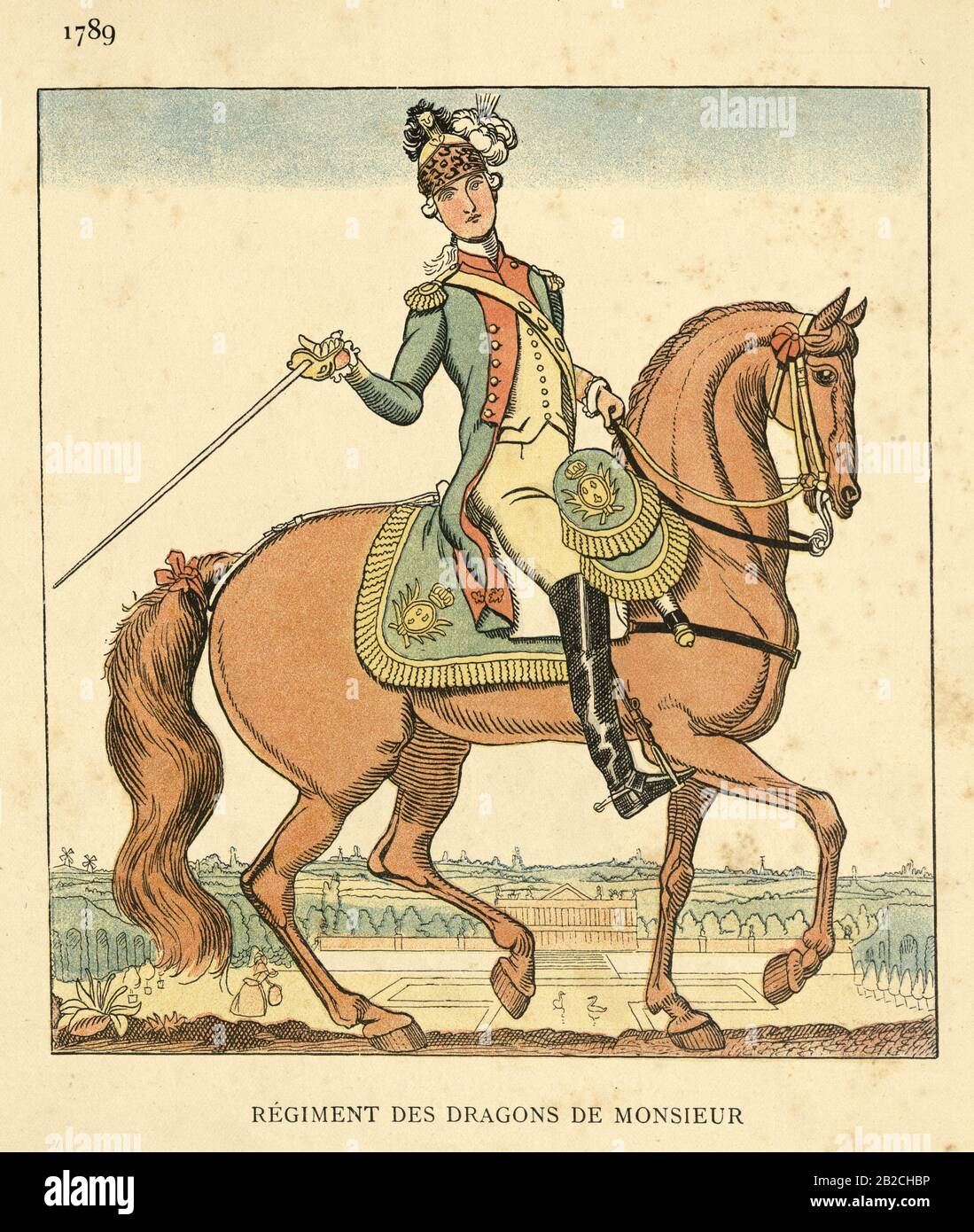 Soldato del reggimento dei Dragoni di Monsieur (Reggimento des Dragons de monsieur), fine 18th Secolo. Reggimento di cavalleria del Regno di Francia , della Repubblica francese e Del Primo Impero , creato nel 1676. Foto Stock