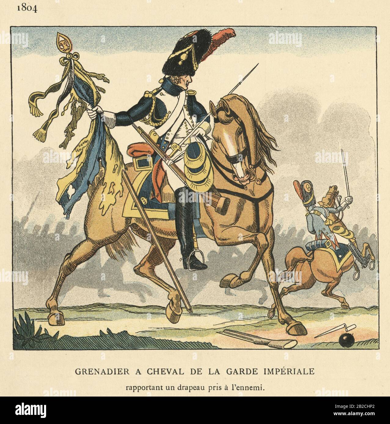 Incisione d'epoca di Grenadier un cavallo della Guardia Imperiale. Con una bandiera nemica catturata (Grenadier a Cheval de la Garde imperiale), guerre napoleoniche inizio 19th Secolo. Foto Stock