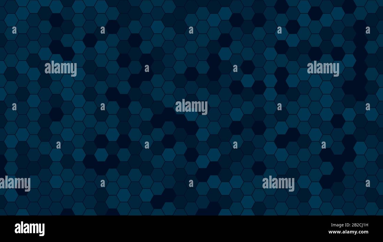 Sfondo a mosaico esagonale blu scuro per presentazioni aziendali. Modello vettoriale HD 16x9. Illustrazione Vettoriale