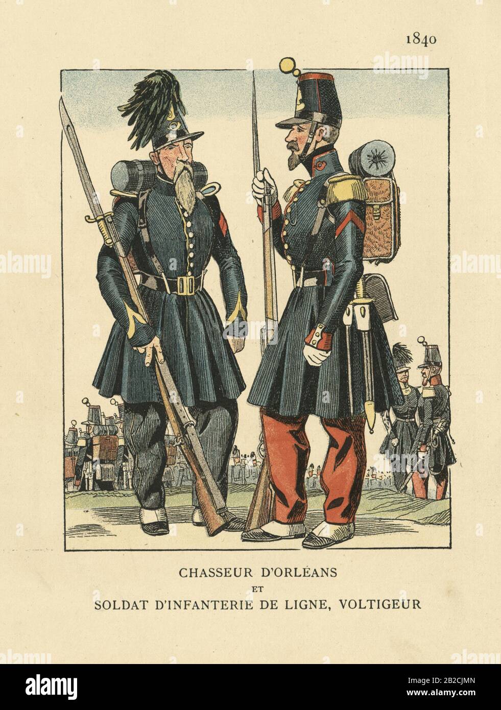 Uniformi militari francesi 1840s, Chasseur D'Orleans e Soldier of Line Fanteria, Voltigeur.19th Secolo Foto Stock