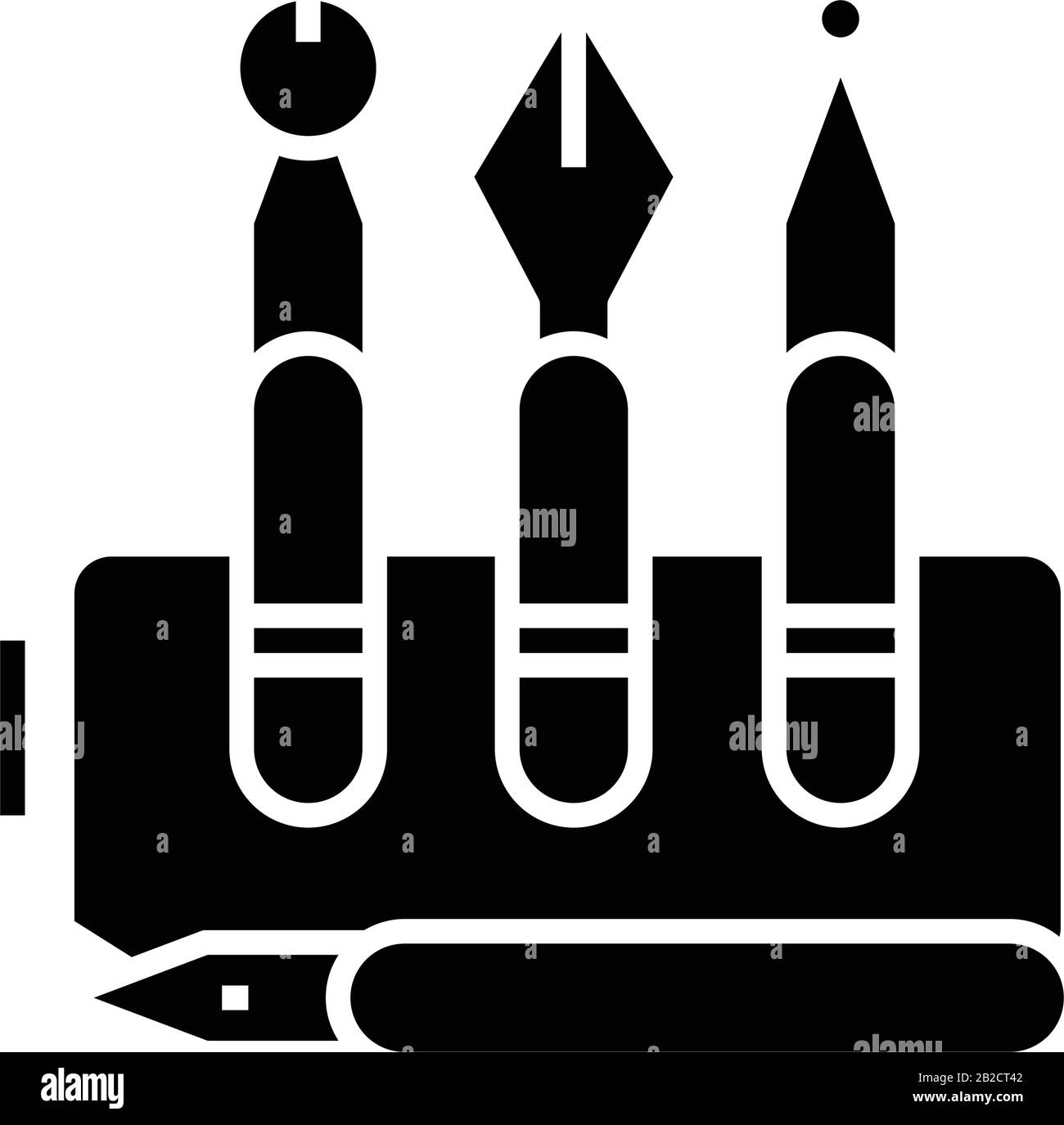 Icone nere delle penne inchiostranti, illustrazione concettuale, simbolo piatto vettoriale, simbolo glifo. Illustrazione Vettoriale