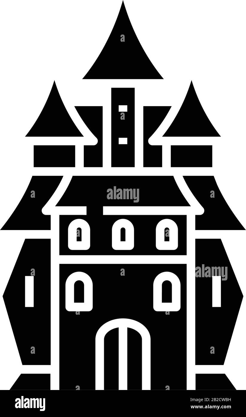 Icona nera del castello magico, illustrazione concettuale, simbolo piatto vettoriale, simbolo glifo. Illustrazione Vettoriale