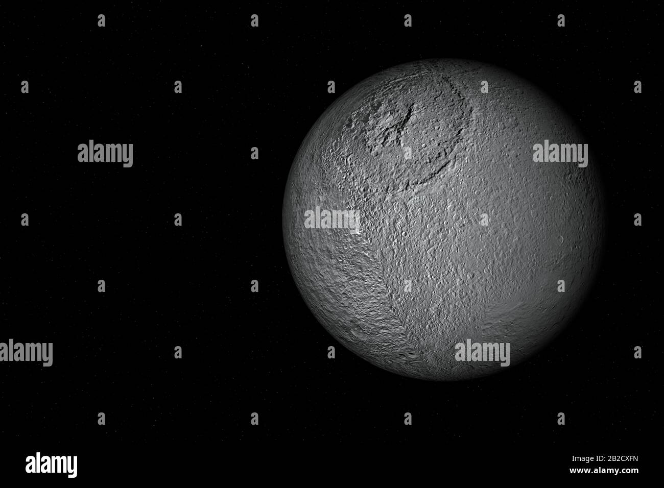 3D rendering di Tethys, uno della luna di Saturno. Foto Stock