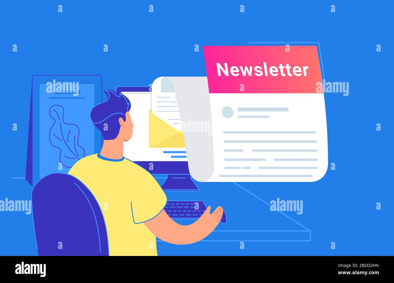 Newsletter abbonamento mensile flat vector illustrazione di giovane uomo seduto con pc e controllo della posta in arrivo. Persone con computer, lettura di notizie o. Illustrazione Vettoriale