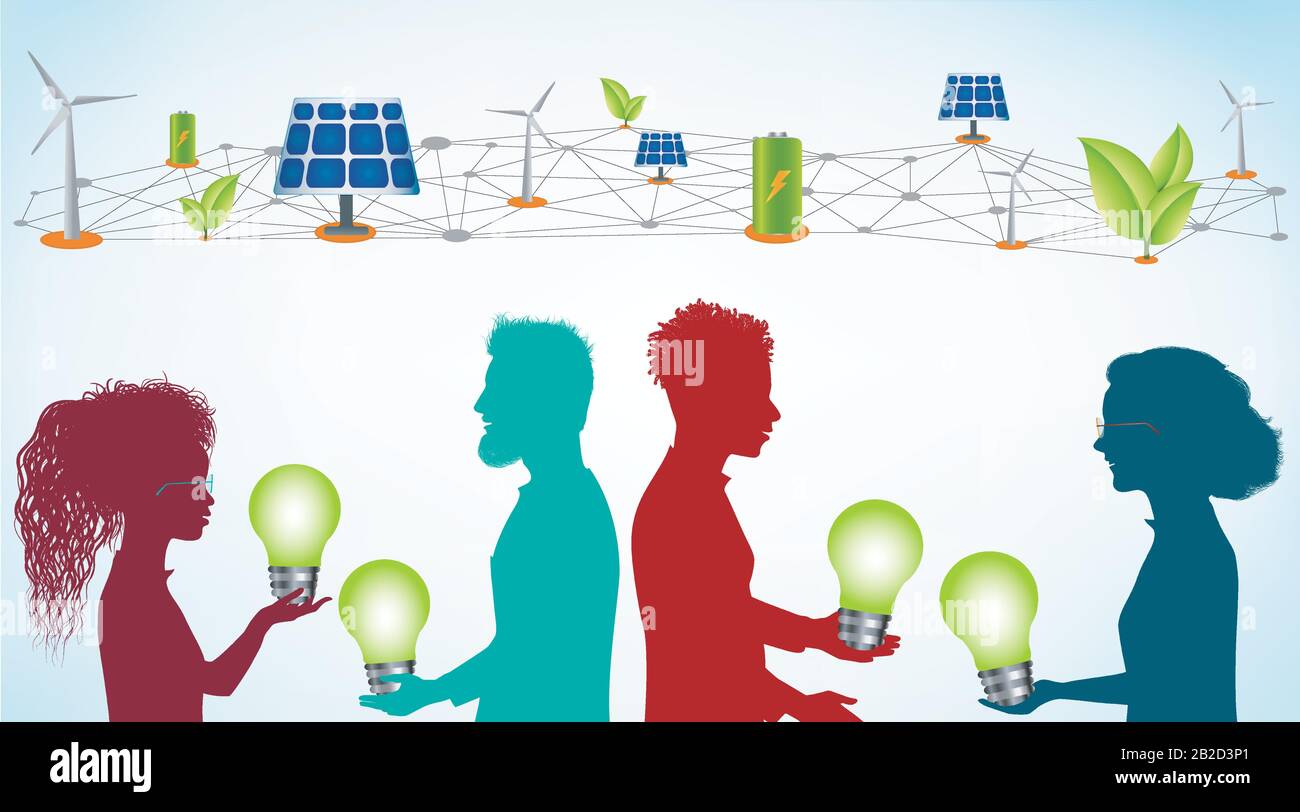 Energy sharing.Energy community.Prosumer energia sostenibile e rinnovabile.Produzione di energia Alternativa.Smart grid.Green social media.lampadina Illustrazione Vettoriale