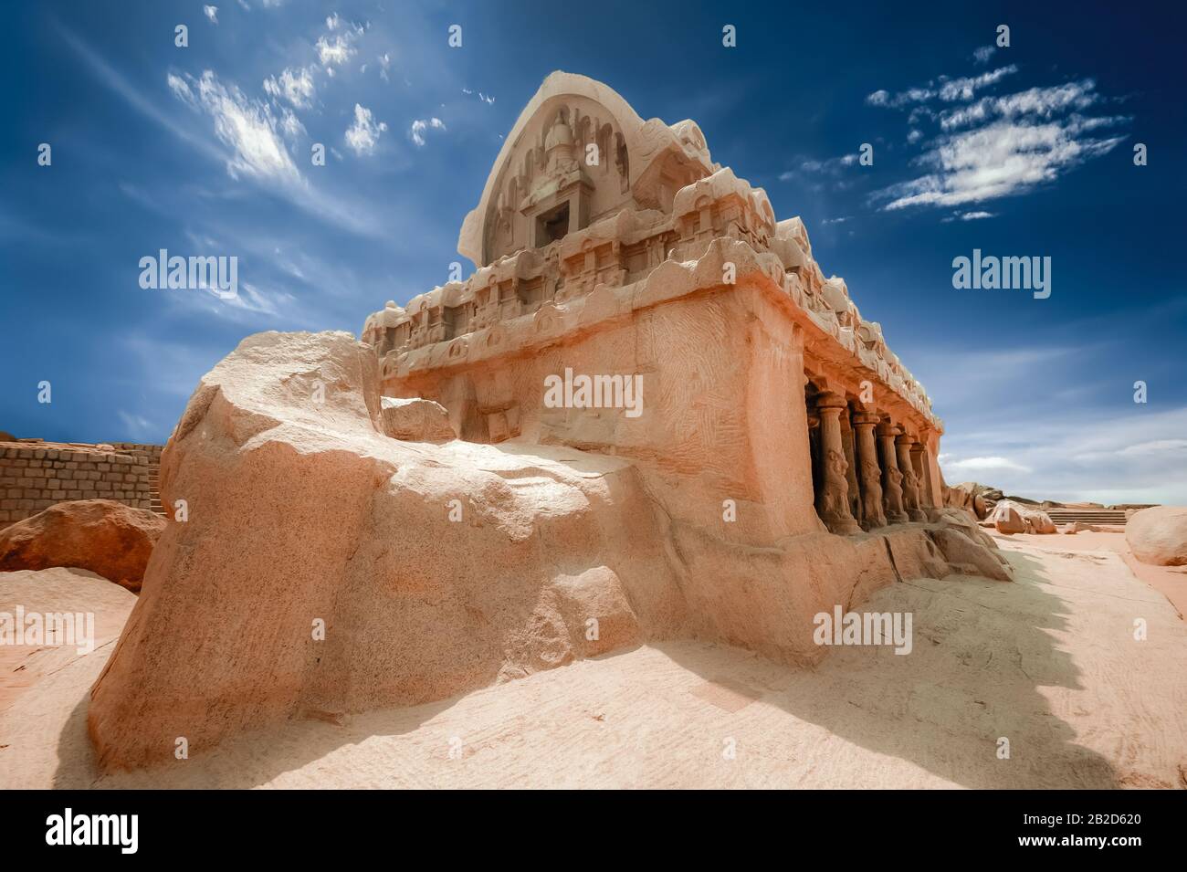 Panch monolitico Rathas tempio indù di Mahabalipuram. Grande Sud indiano, architettura impressionante architettura sito. Patrimonio mondiale in India del Sud, Foto Stock