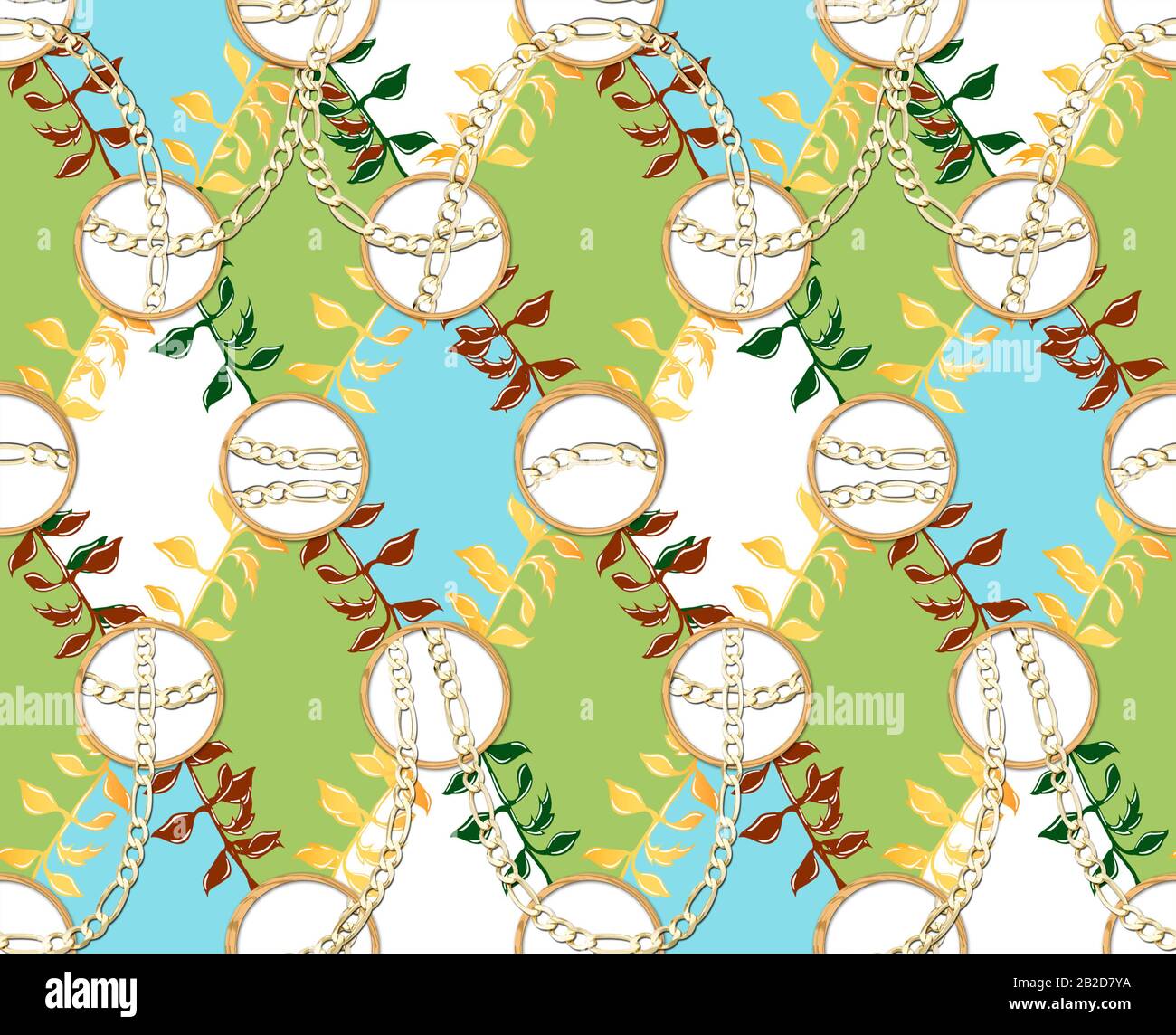 Catene d'oro con motivo floreale colorato. Stampa tessile Senza Cuciture. Design del tessuto. Foto Stock