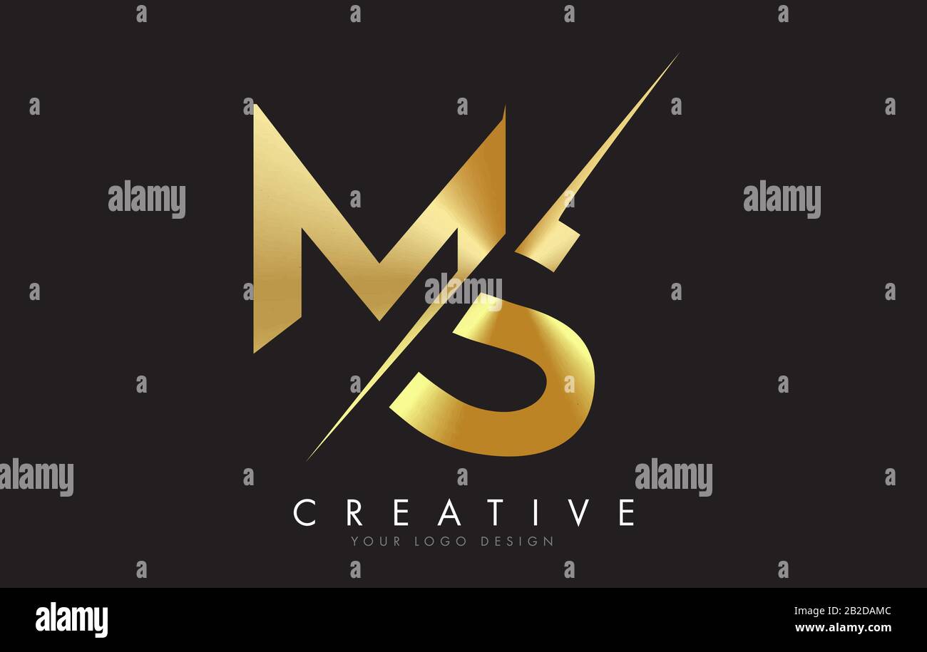 MS M S Golden Letter Logo Design con taglio creativo. Logo creativo con sfondo nero. Illustrazione Vettoriale