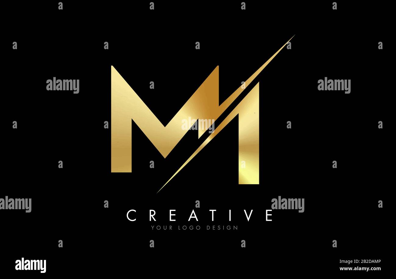 Mi M i Golden Letter Logo Design con taglio creativo. Logo creativo con sfondo nero. Illustrazione Vettoriale