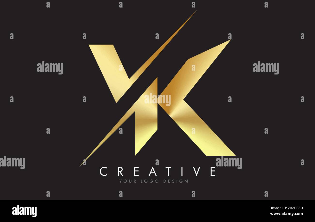 VK V K Golden Letter Logo Design con taglio creativo. Logo creativo con sfondo nero. Illustrazione Vettoriale