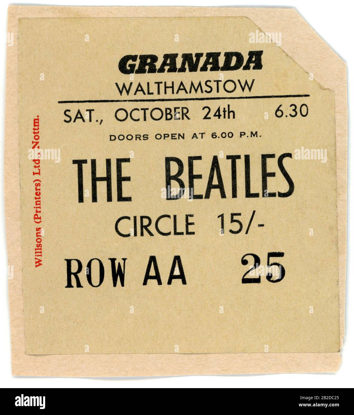 Londra, REGNO UNITO - 24 OTTOBRE: Still-life di uno stub di biglietto dei Beatles per il loro concerto al Granada Cinema il 24 ottobre 1964 a Walthamstow, Londra, Inghilterra, Regno Unito.Credit: Icona e immagine / MediaPunch Foto Stock