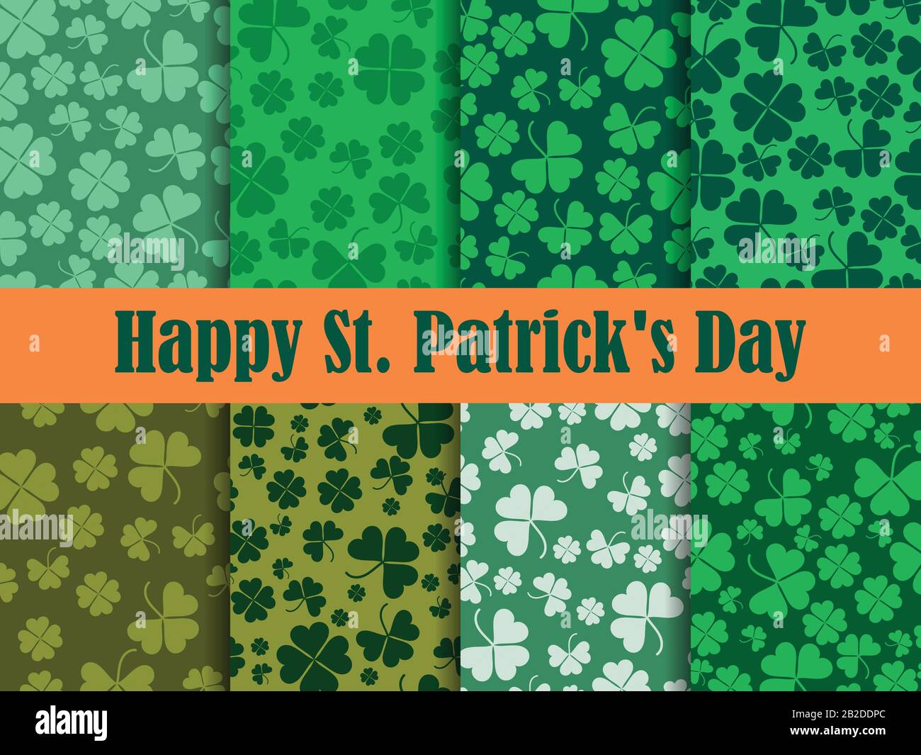 Set di foglioline di trifoglio di motivi senza giunture. San Patrizio, festa irlandese. Sfondo per biglietto di auguri, carta da imballaggio, materiale promozionale. Vettore Illustrazione Vettoriale