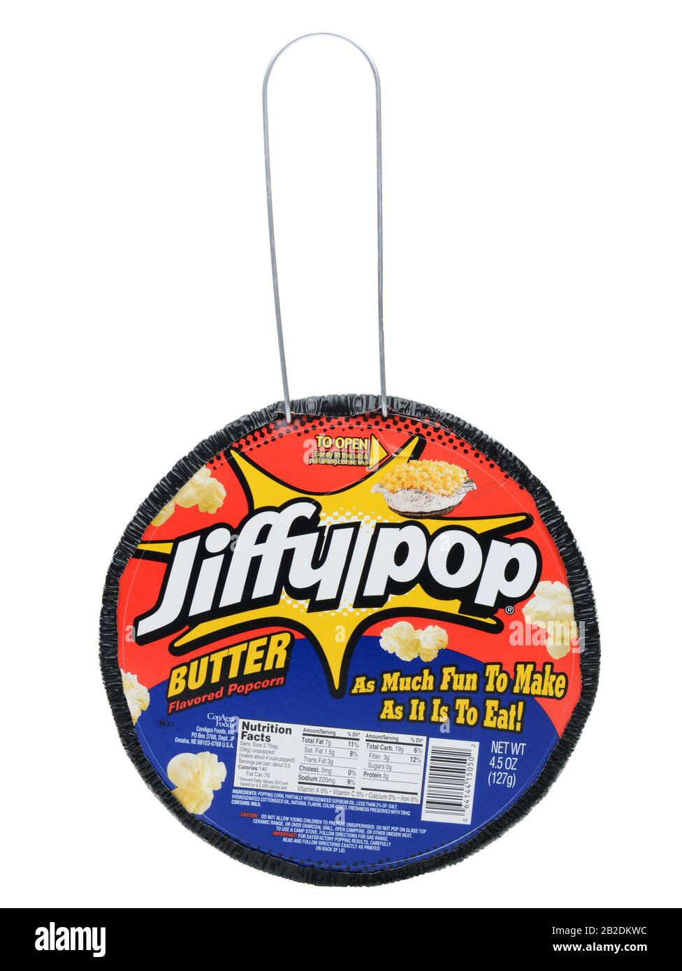 Irvine, CA - 12 DICEMBRE 2013: Un pacchetto di pop pop pop pop pop pop pop Jiffy. Jiffy Pop combina chicchi di popcorn, olio e aromi con un misuratore pesante espandibile A. Foto Stock