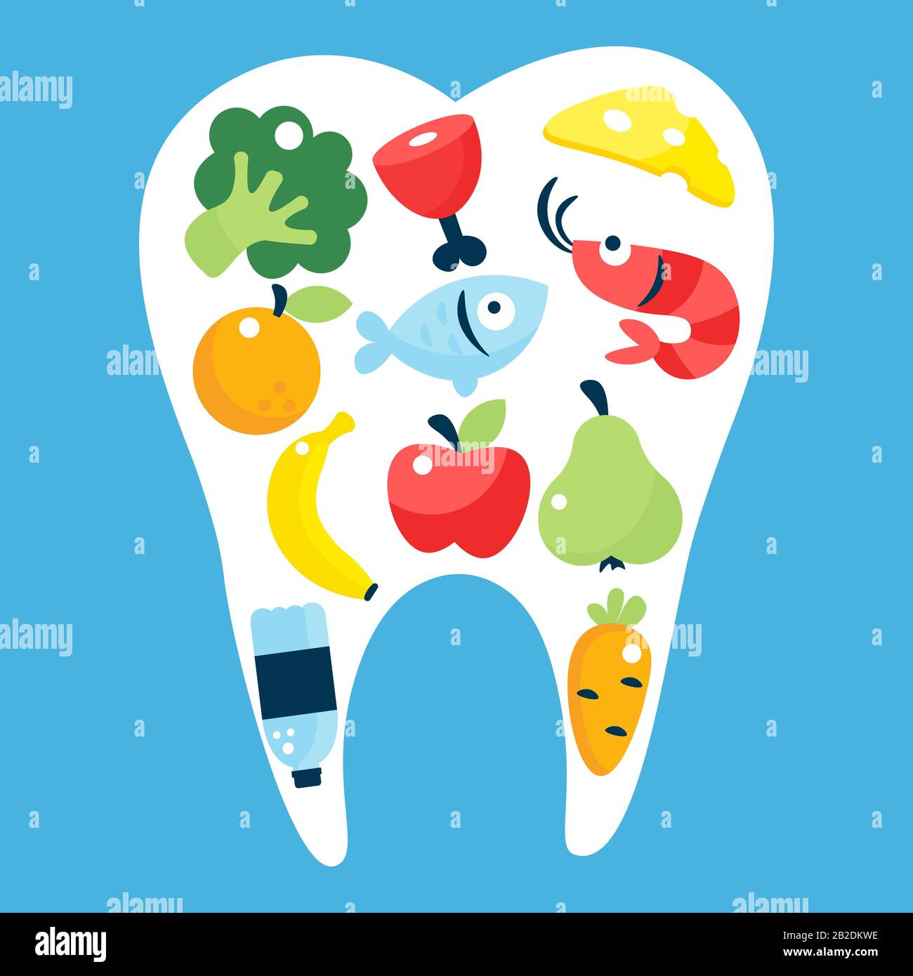 Alimenti per denti sani con dente bianco Illustrazione Vettoriale