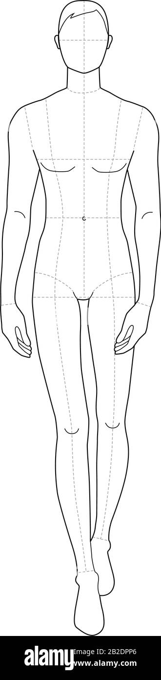Modello di moda per uomini a piedi. 9 dimensioni testa per disegno tecnico con linee principali. Signori figura vista frontale. Vettore contorno ragazzo per moda schizzo e illustrazione. Illustrazione Vettoriale